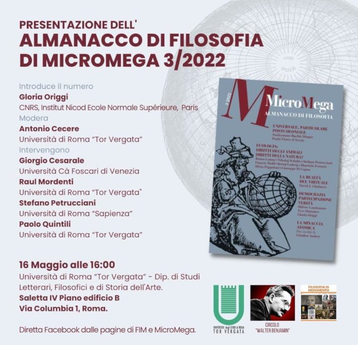 Presentazione dell’almanacco di filosofia di MicroMega 16 maggio 2022
