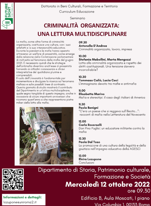 CRIMINALITÀ ORGANIZZATA: UNA LETTURA MULTIDISCIPLINARE – Mercoledì 12 ottobre 2022 ore 09.30