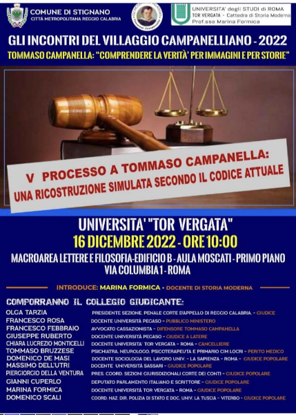 GLI INCONTRI DEL VILLAGGIO CAMPANELLIANO – 2022 – Tommaso Campanella: “Comprendere la Verità per Immagini e per Storie” – Università “Tor Vergata” 16 Dicembre 2022 – Ore 10:00