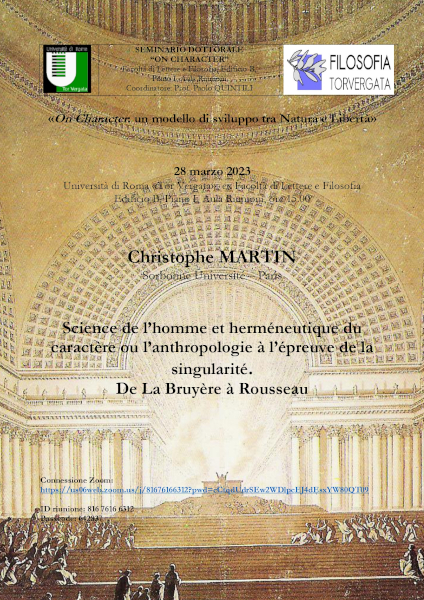 «On Character : un modello di sviluppo tra Natura e Libertà» – 28 marzo 2023 Università di Roma «Tor Vergata», ex Facoltà di Lettere e Filosofia Edificio B, Piano I, Aula Riunioni, ore 15.00