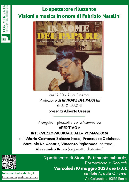 Lo spettatore riluttante Visioni e musica in onore di Fabrizio Natalini – “IN NOME DEL PAPA RE” – Mercoledì 10 maggio 2023 ore 17.00 Edificio A – Via Columbia 1, 00133 Roma, aula Cinema