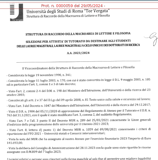 Selezione per attività di Tutorato per gli studenti delle lauree magistrali, lauree magistrali a ciclo unico e dei dottorati di ricerca