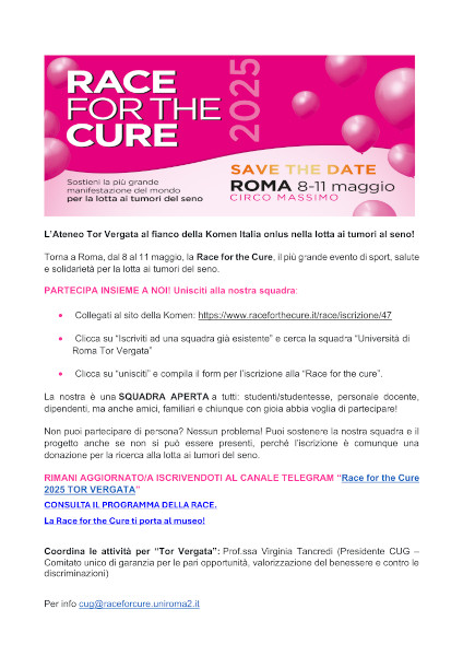 RACE FOR THE CURE – Save the date Roma 8-11 Maggio Circo Massimo