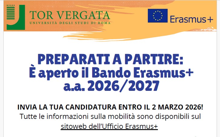 PREPARATI A PARTIRE: È aperto il Bando Erasmus+ a.a. 2026/2027
