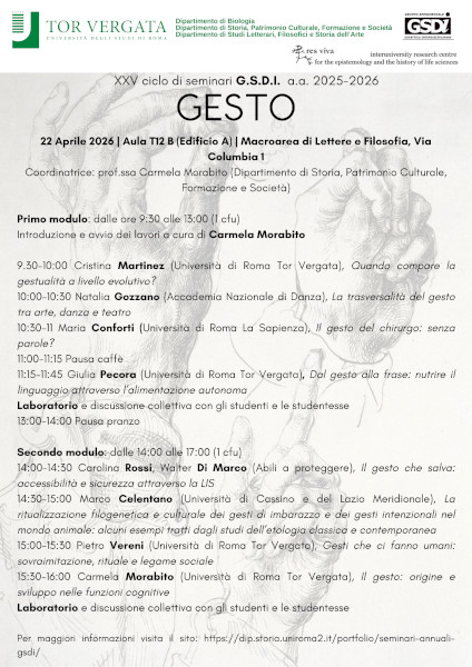 XXV ciclo di seminari G.S.D.I. a.a. 2025-2026 GESTO – 22 Aprile 2026 | Aula T12 B (Edificio A) | Macroarea di Lettere e Filosofia, Via Columbia 1